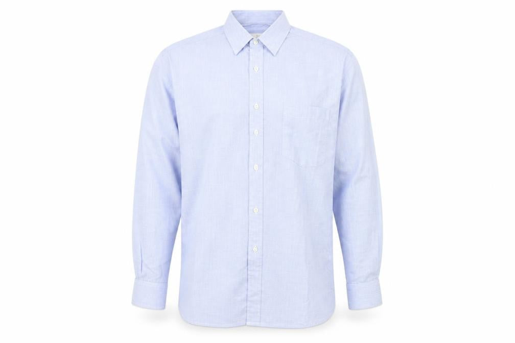 Front view of The Burton Collection men’s blue button-up, size 15