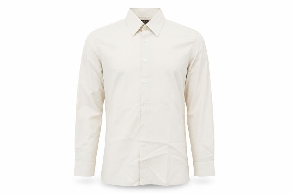 Front view of Asdale men’s beige button-up, size 15.5