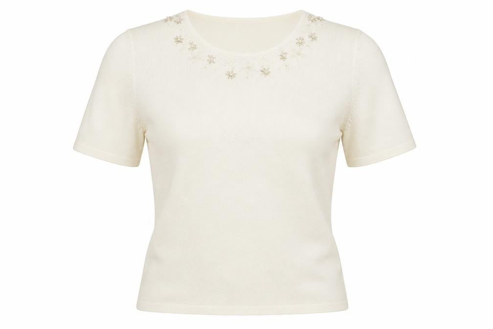 Front view of BHS women’s beige jumper, size UK 12, - jewl detail