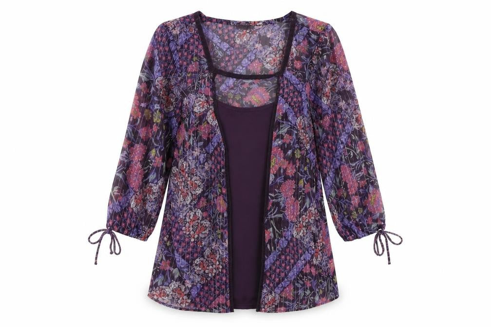 Front view of Marks & Spencer women’s purple floral basic blouse, size UK 12