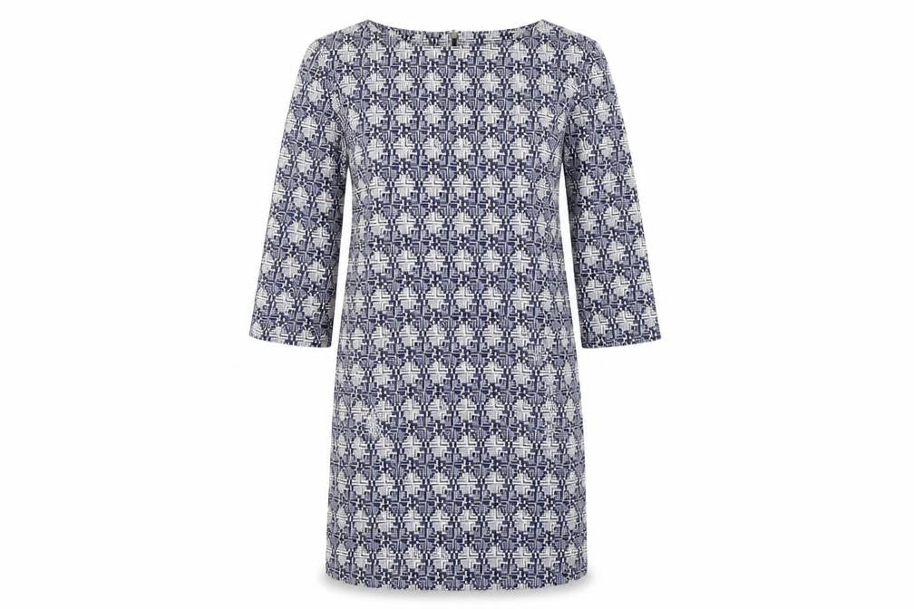 Front view of Next women’s blue geometric a-line, size UK 12