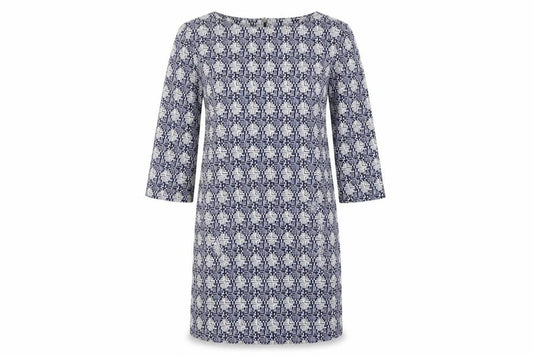Front view of Next women’s blue geometric a-line, size UK 12