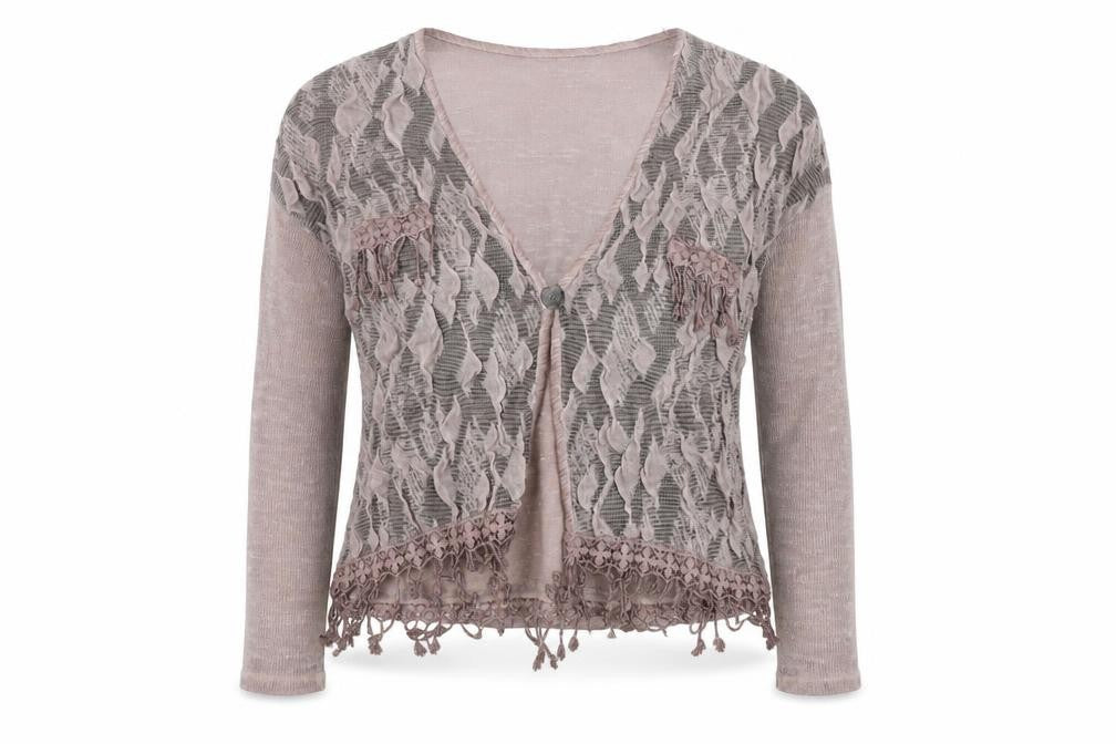 Front view of Preworn women’s pink cardigan jumper, size UK 8