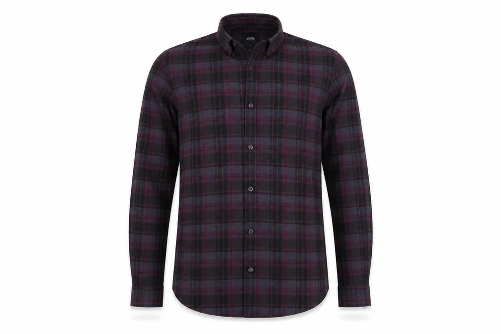 Front view of Burton men’s purple check button-up, size S