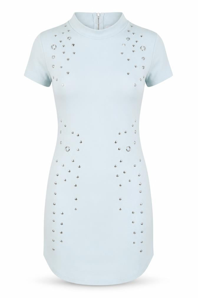 Front view of voyelles women’s blue bodycon, size M