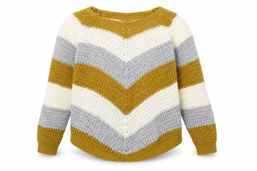 Front view of quix women’s yellow striped pullover sweatshirt, size M