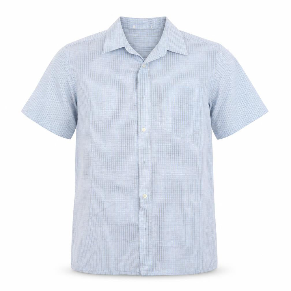 Front view of Academy men’s blue button-up, size L