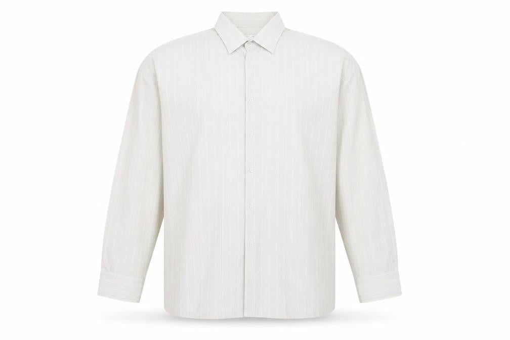 Front view of MC men’s beige striped button-up, size 17