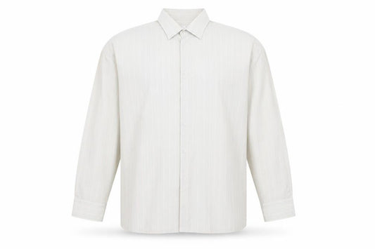 Front view of MC men’s beige striped button-up, size 17