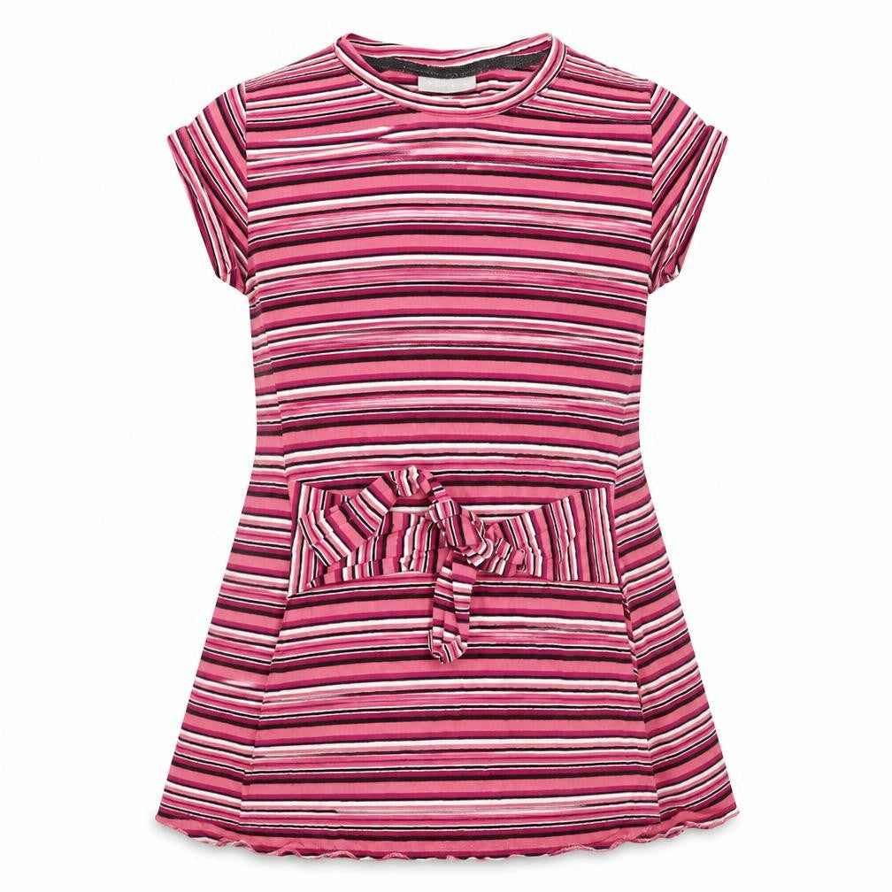 Front view of Matalan girls’ multicoloured striped basic t-shirt, size 9, years