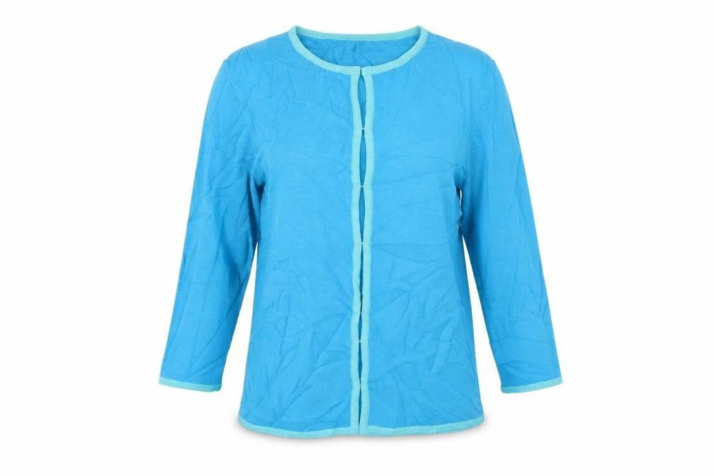 Front view of Bay women’s blue cardigan jumper, size UK 12
