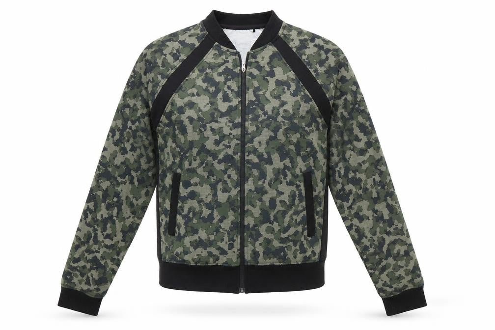 Front view of Atmosphere women’s green camouflage jacket, size UK 10