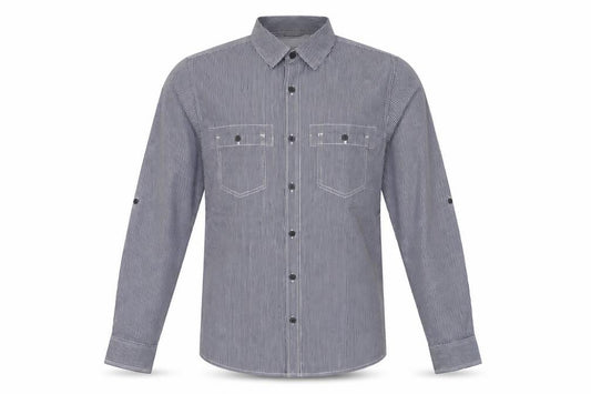Front view of Topman men’s blue striped button-up, size M