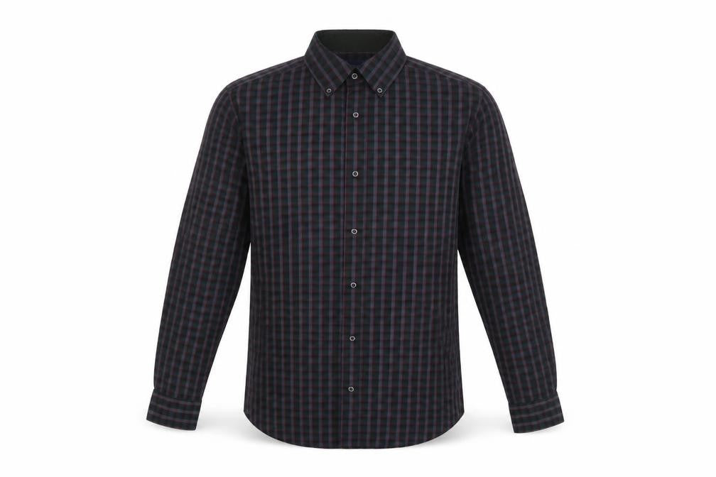 Front view of Gap men’s purple check button-up, size M