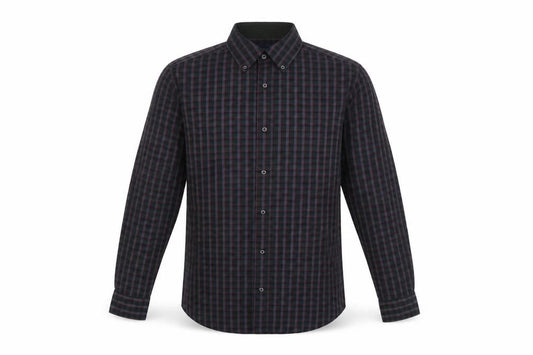 Front view of Gap men’s purple check button-up, size M