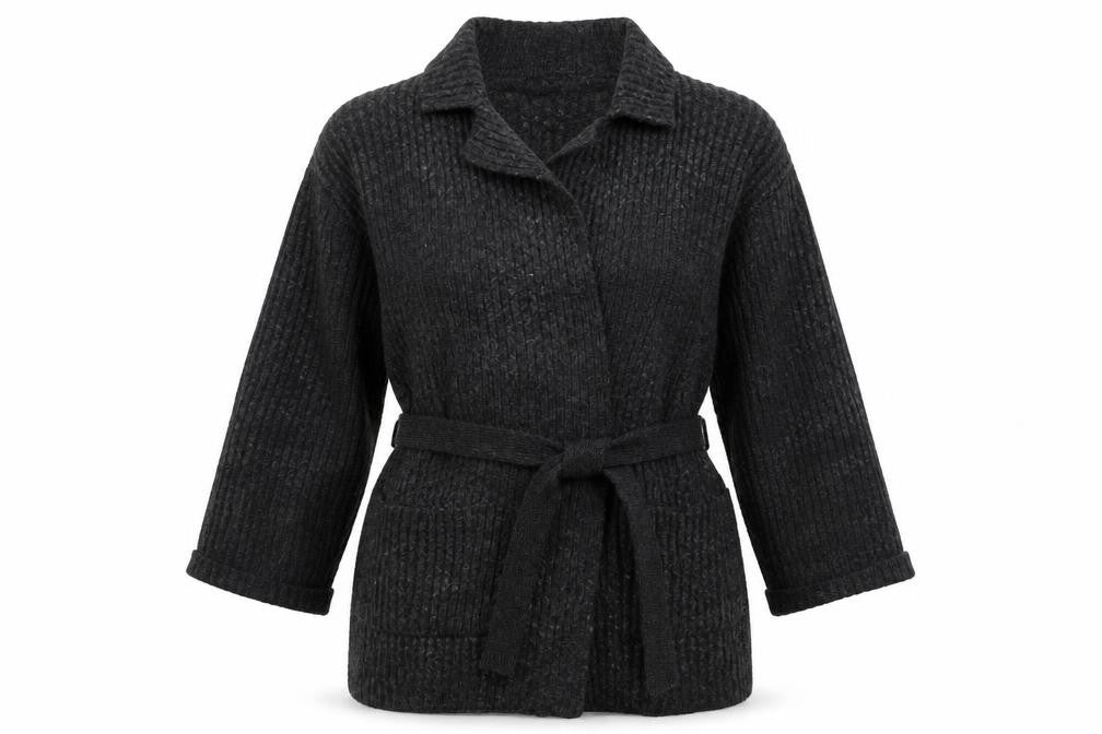 Front view of Marks & Spencer women’s grey cardigan jumper, size UK 8