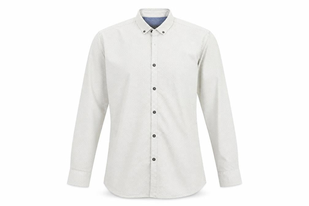 Front view of Burton men’s grey polka dot button-up, size XL