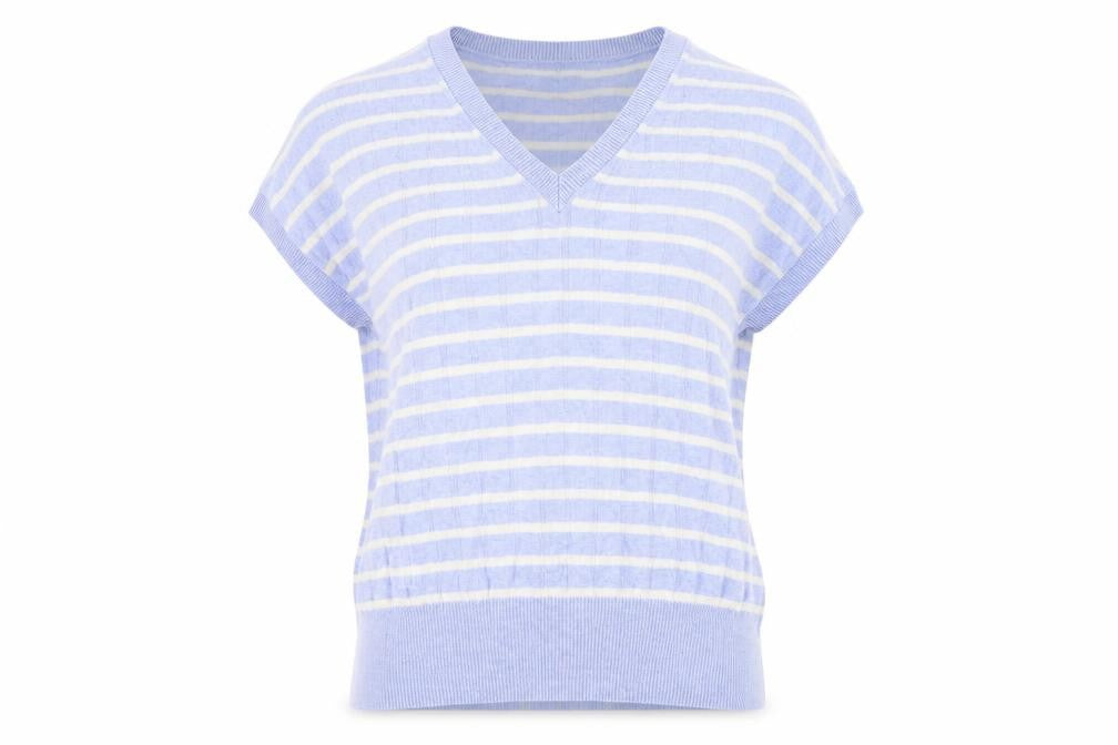 Front view of Marks and Spencer women’s blue striped jumper, size M