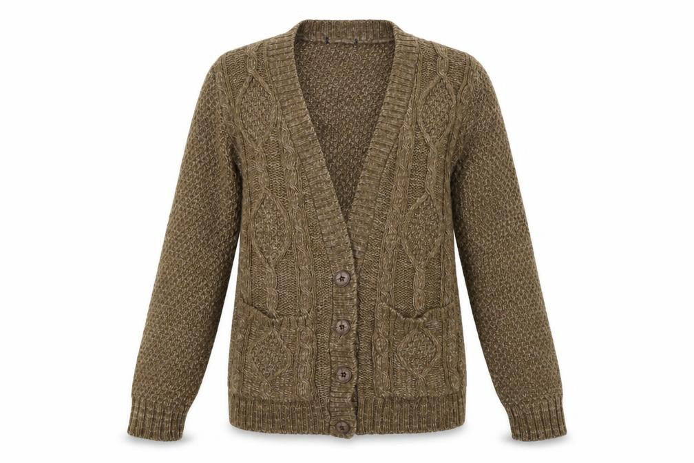 Front view of Preworn women’s brown cardigan jumper, size S
