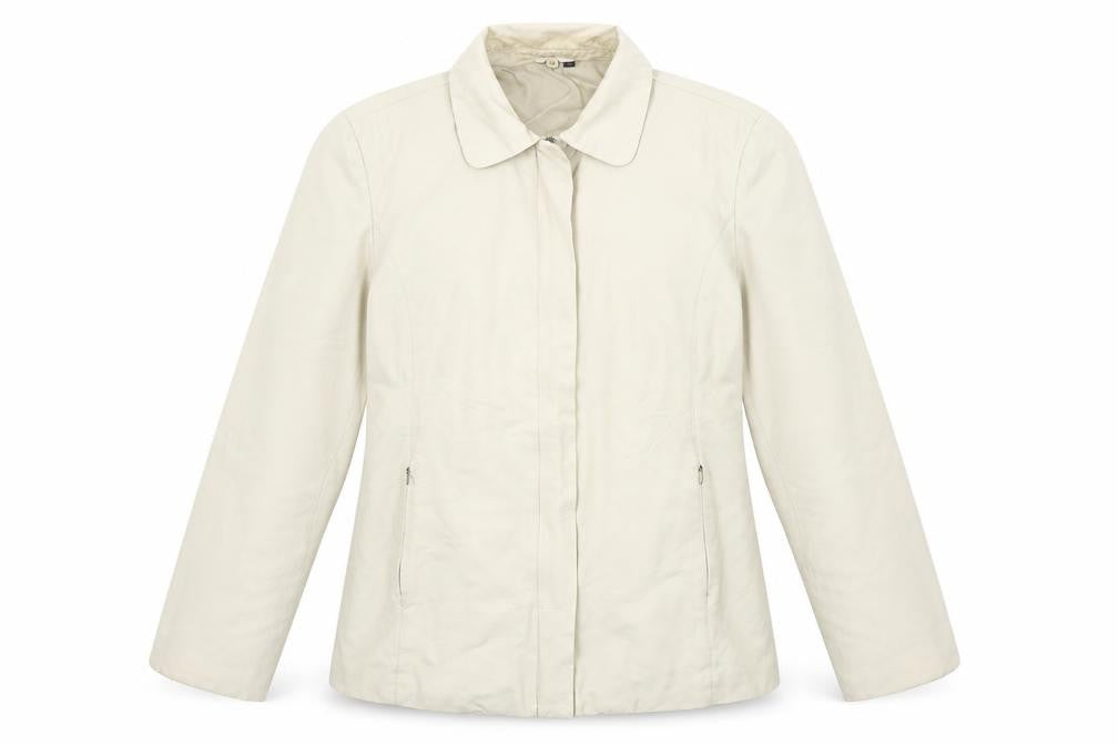 Front view of NuAge women’s beige jacket, size UK 12