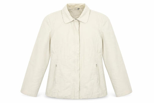 Front view of NuAge women’s beige jacket, size UK 12