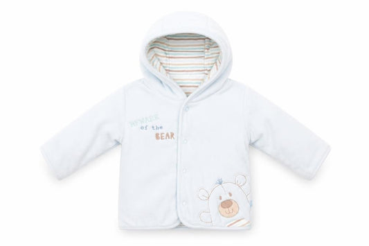 Front view of Marks & Spencer boys’ blue animal print basic coat coat, size 3-6, months - beware of the bear