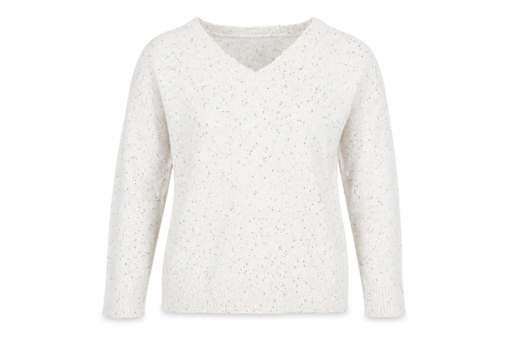 Front view of Peacocks women’s beige jumper, size S, - sequins all over