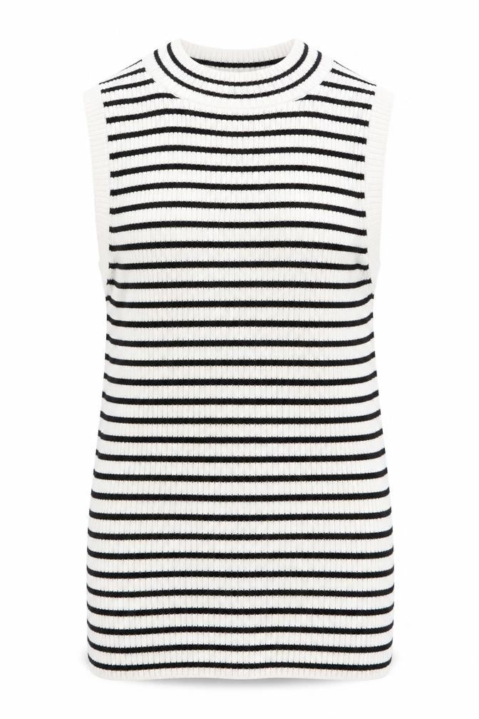 Front view of H&M girls’ black striped tunic jumper, size 9-10, years
