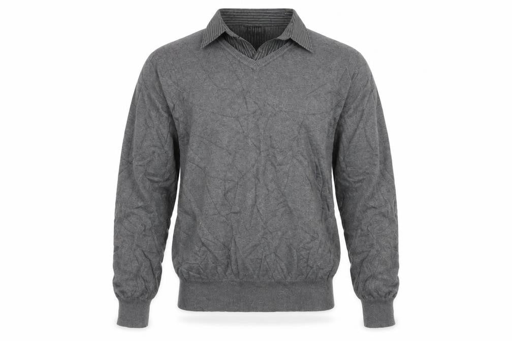 Front view of Urban Spirit men’s grey jumper, size S, - faux collar
