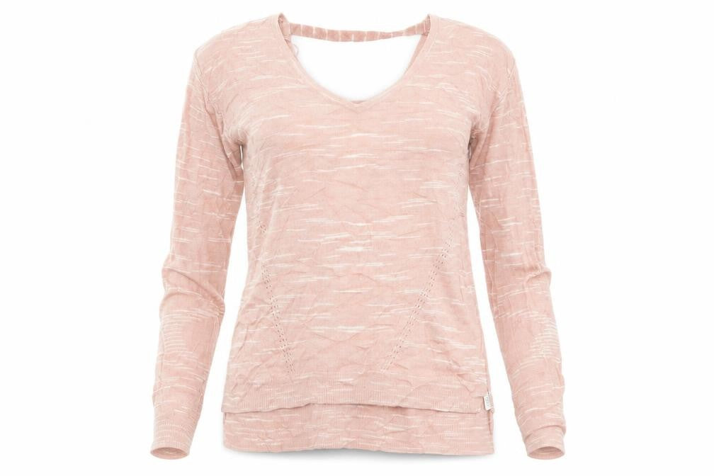 Front view of Marks & Spencer women’s pink striped jumper, size S, - vee back with strap - peach in colour