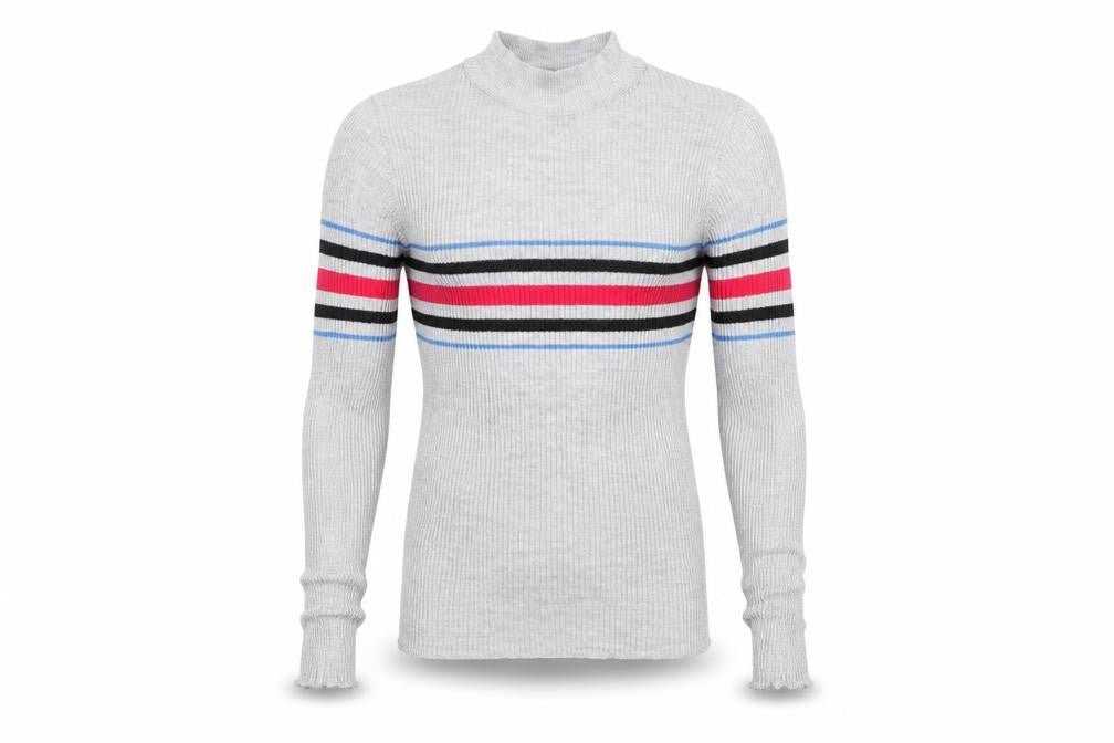 Front view of Cooperative men’s grey striped jumper, size M