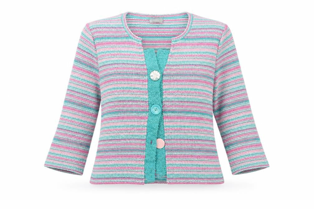 Front view of Per Una women’s pink striped jacket, size L