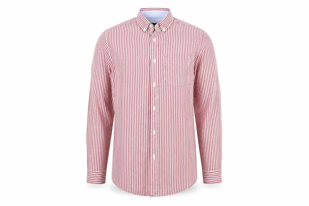 Front view of Springfield men’s white striped button-up, size S