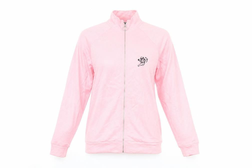Front view of new gir women’s pink full zip jumper, size S