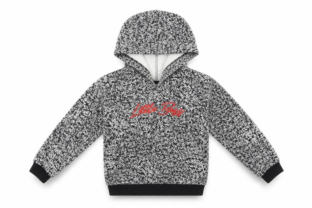 Front view of Matalan boys’ white animal print pullover hoodie, size 2-3, years - little boss