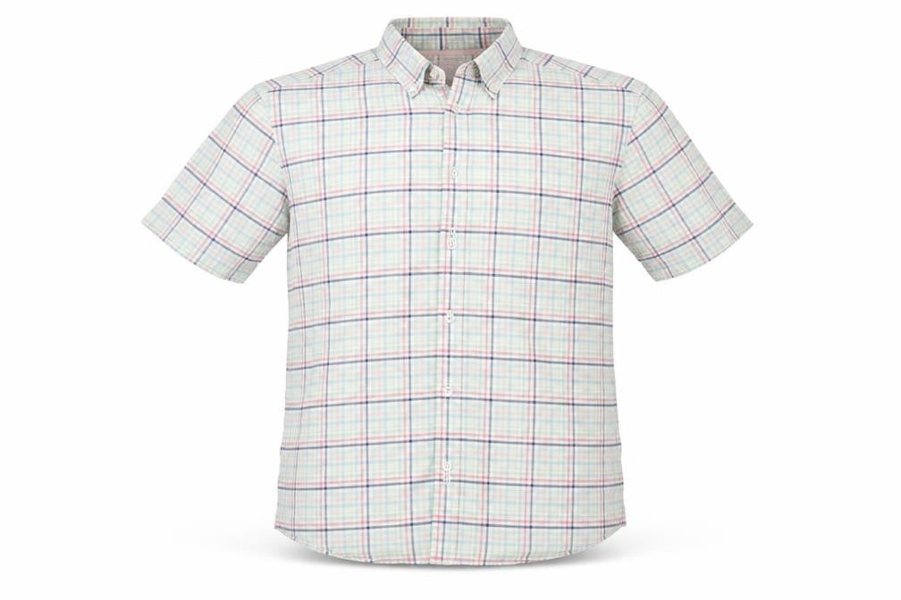 Front view of Marks & Spencer men’s green plaid button-up, size M