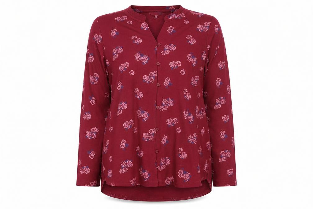Front view of plum tree women’s red floral nightshirt, size UK 12