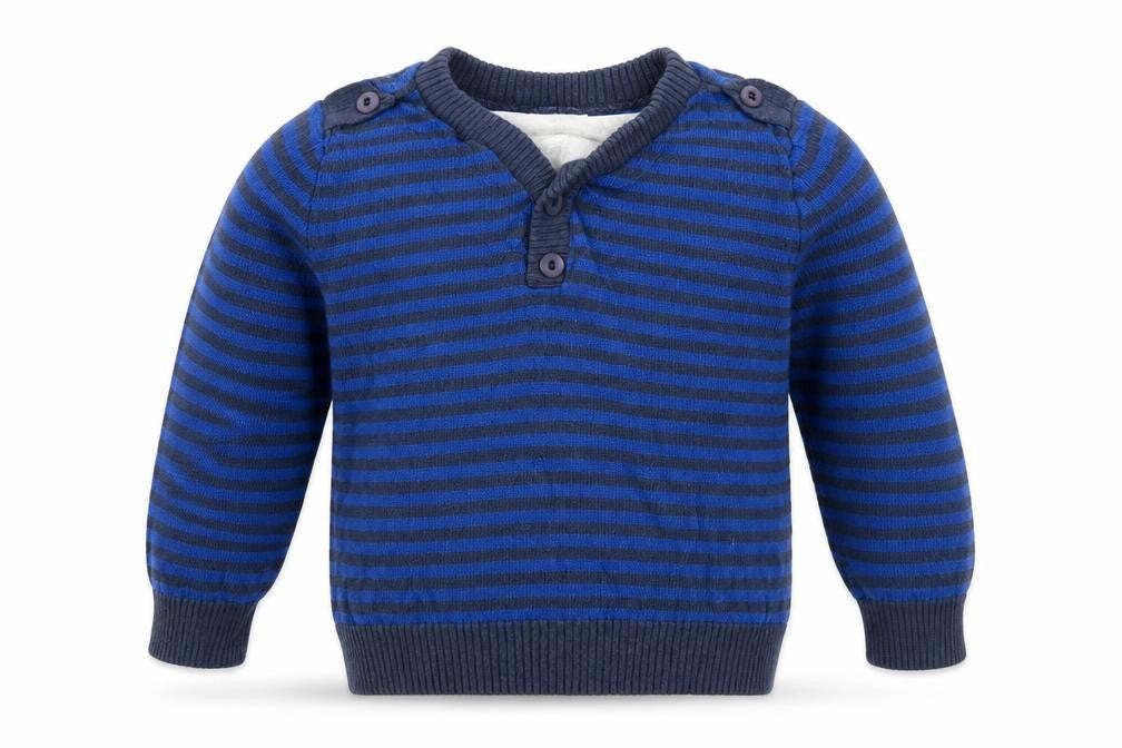 Front view of M&Co boys’ blue striped jumper, size 4-5, years