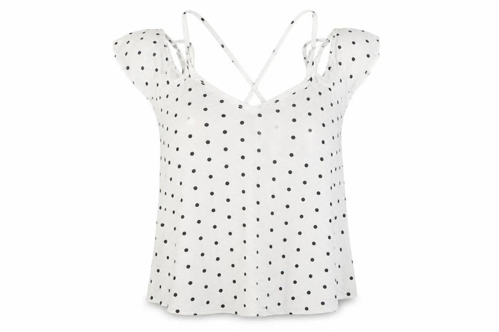 Front view of Primark women’s white polka dot camisole t-shirt, size UK 8