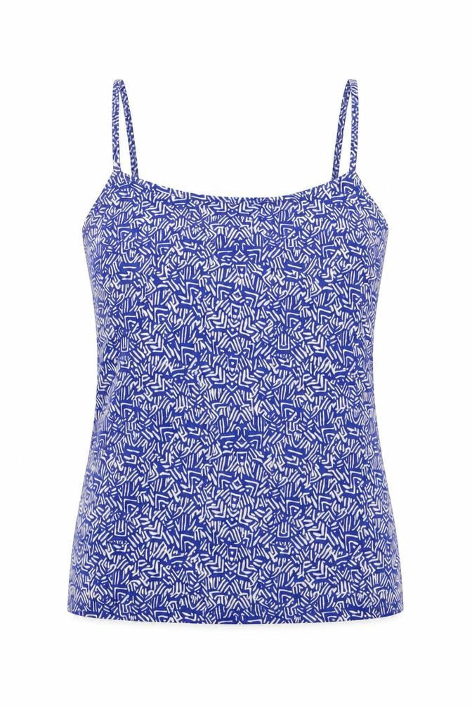 Front view of Next women’s blue geometric camisole t-shirt, size UK 6