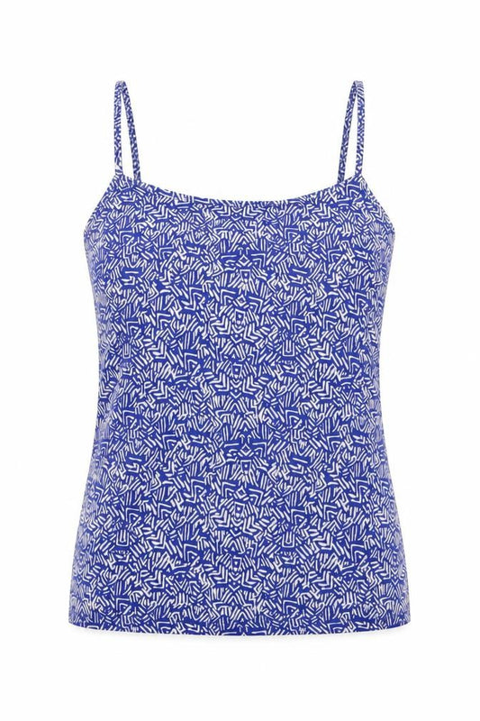 Front view of Next women’s blue geometric camisole t-shirt, size UK 6