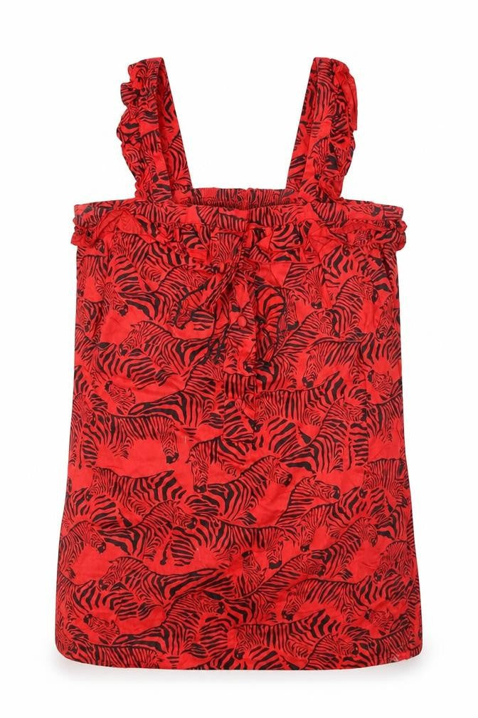 Front view of Peoples Market women’s red animal print basic blouse, size M, - zebra
