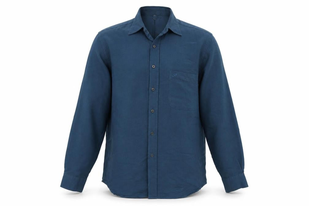 Front view of Roberto Carlo men’s blue button-up, size L