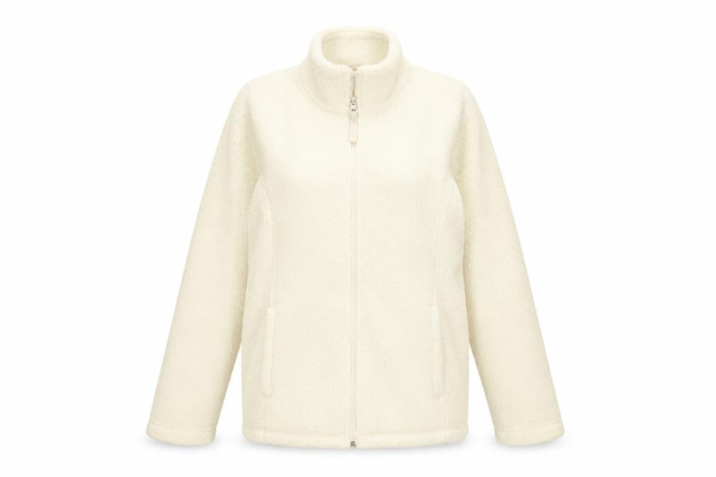 Front view of Mia Moda women’s beige full zip sweatshirt, size S