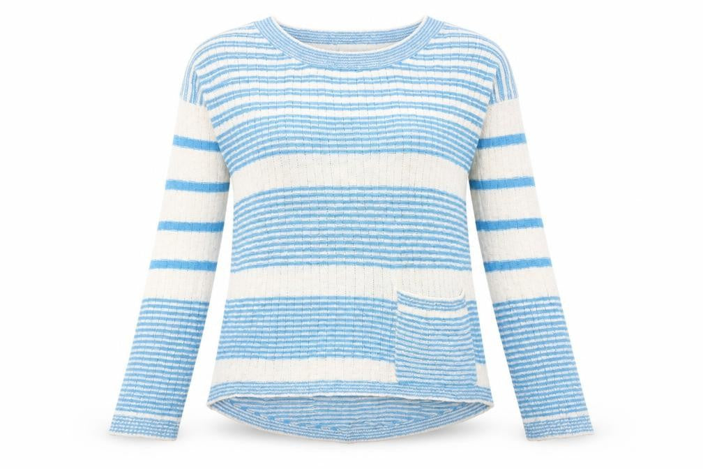 Front view of Simonsen women’s blue striped jumper, size L
