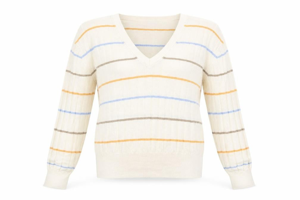 Front view of Marks & Spencer women’s beige striped jumper, size L
