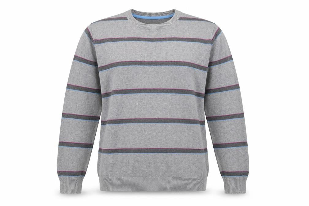 Front view of Atlantic women’s grey striped jumper, size M