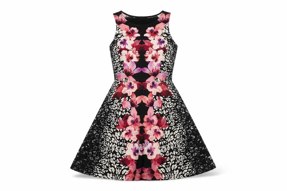 Front view of H&M women’s black floral a-line, size S