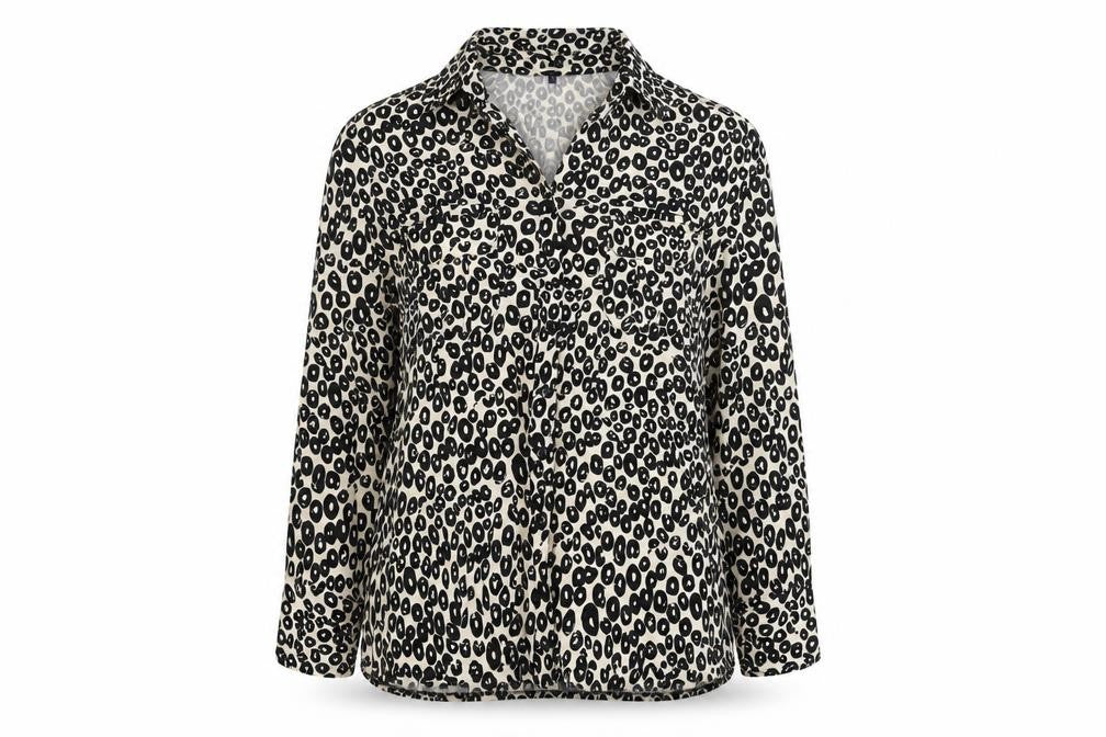 Front view of Arista women’s white polka dot basic button-up, size UK 14