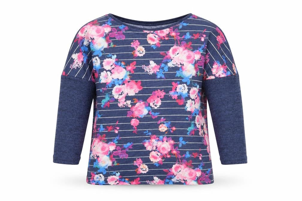 Front view of Atmosphere women’s blue floral basic t-shirt, size UK 6